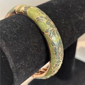 Vintage Green Copper Floral Cloisonné Enamel Hinged Bracelet